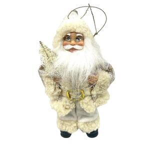 Old World Style Santa Ornament Figure White Gold Coat Sheepskin Look Trim 7”